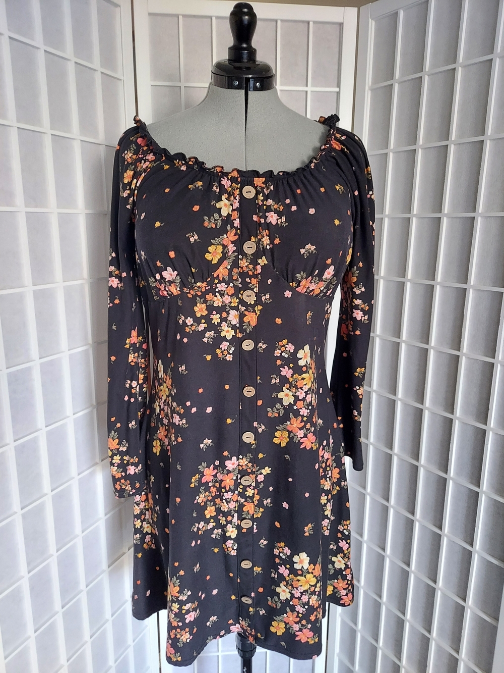 No Boundaries Black Floral Button-Front Long Sleeve Dress